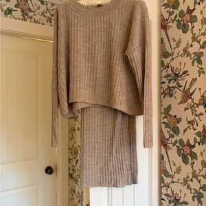 Eileen Fisher Beige Ribbed Crew Neck Sweater + Skirt Set